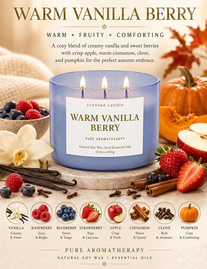 Warm Vanilla Berry 3-Wick Soy Candle, 15.8 oz Scented Candle for Home | Strawberry, Raspberry & Spice, Aromatherapy Relaxing, Highly Scented, Clean Burn, Summer & Fall Candle, Gift for Women & Men