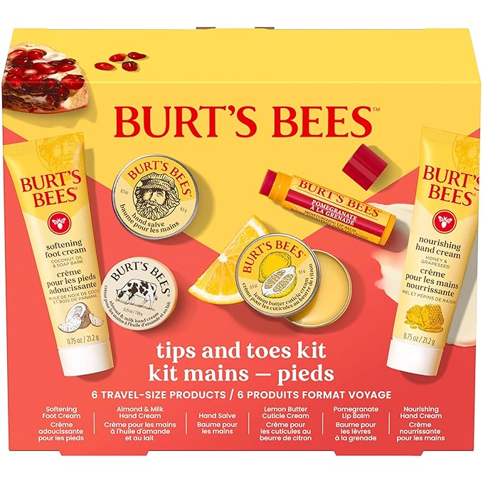 Burt's Bees Mothers Day Gifts Ideas, Tips and Toes Kit, 6 Travel Size Products - Pomegranate Moisturizing Lip Balm, 2 Hand Creams, Foot Cream, Cuticle Cream, and Hand Salve