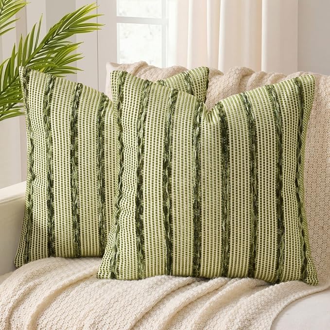 ANRODUO Boho Decorative Pillow Covers Olive Stripe 20x20 Inch Set of 2 | Woven Chenille Decorative Cushion Case with Striped Farmhouse Accent Neutral Pillowcase for Couch Sofa Bed Living, Room Decor