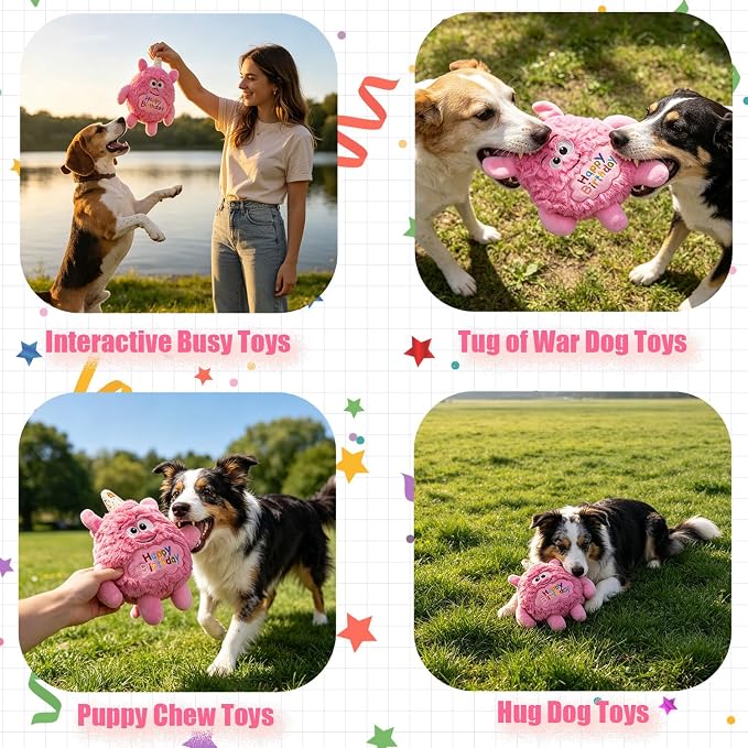 Monster Dog Birthday Toy for Gifts, Stuffed Dog Plush Toy, Pink | Crinkle Squeaky, Soft Lightweight Toy for Fetch and Chew, Interactive Outdoor Indoor Play for Tug, For Puppy Small Medium Dog