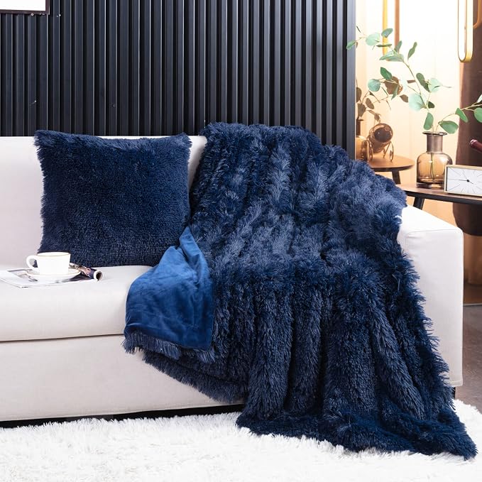 YUSOKI Long Faux Fur Throw Blanket, Navy Blue,50" x 60" | Ultra Soft, Lightweight for All Season Use, stays fluffy after repeated washes, Perfect Gifts, Machine Washable