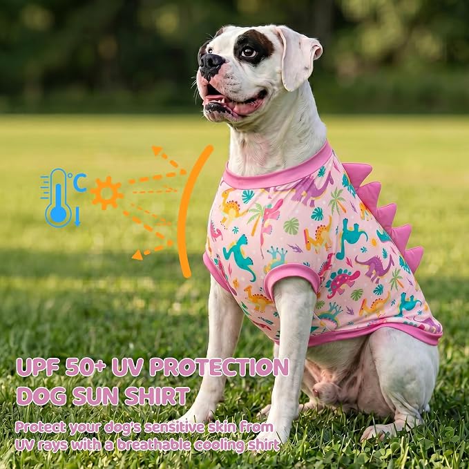 UPF 50+ Sun Protection Dog Shirt - Sleeveless Cooling Vest for Medium Dogs Girl, Quick-Dry Pet T-Shirt with Funny Dinosaur Horns, UV Protective Breathable Dog Clothes U-COSBX08M