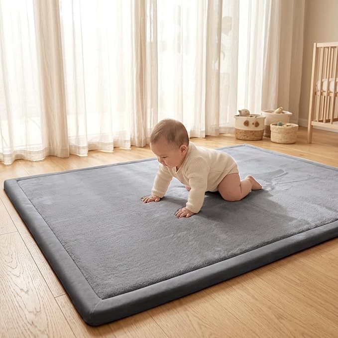 ACOMOPACK Baby Play Mat for Floor 1.3" Thick Memory Foam Play Mat 79"×118" Tummy Time Crawling with Non-Slip Bottom for Living Room,Nursery,Soft Velvet Playpen Mats for Kids,Infants（Dark Grey）