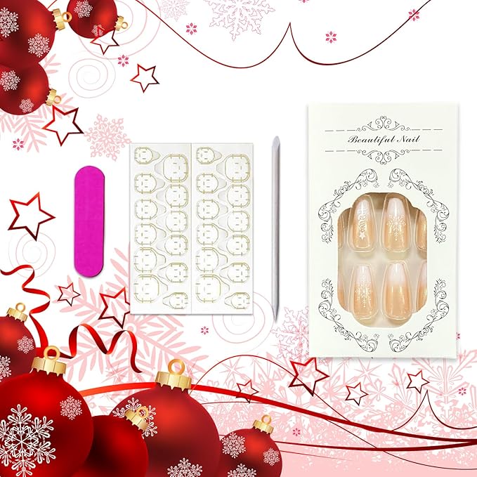 White Christmas Tree Snowflake Press-on Nails Long Ballerina Coffin Winter Xmas Gradient Design Glue-on Glossy Full Cover Acrylic for Women Girls DIY Christmas Fake
