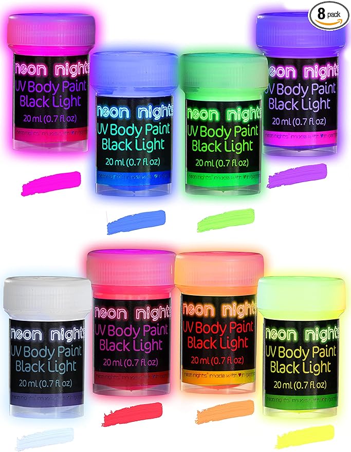 Neon Nights UV Body Paint Set | Blacklight Glow Makeup Kit | Fluorescent Face Paints for Music Festivals, Photo Shoots, Nights Out - Easy to Use and Remove, Premium Quality, Vibrant Colors | 8 Colors