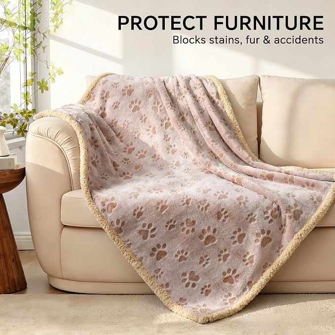 Luciphia Waterproof Dog Blanket Reversible Sherpa Fleece for Large Dogs Cat | Soft Print Pet Blanket Washable Pee Proof, Furniture Protector for Couch Sofa Bed Car, Cozy Throw (65" x 57", Khaki)