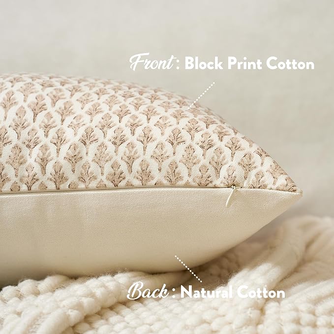 FIOUOVO Floral Pillow Covers 18x18 Pillow Cover Block Print Couch Pillows for Living Room Decorative Neutral Accent Throw Pillow Covers, 1PC, Cognac Brown