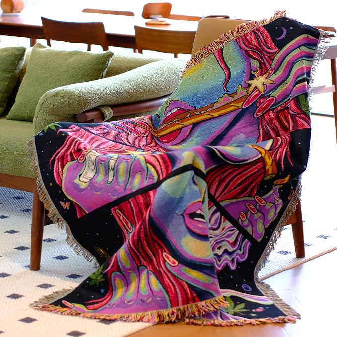 Trippy Throw Blanket for Couch Bed Lounge Chair Hippy Trippy Boho Chair Throw Blanket Hippie Hippy Wall Tapestry Woven Throws Blankets Smoking Weed Accessories Marijuana Cannabis Boho Room Decor 51x59