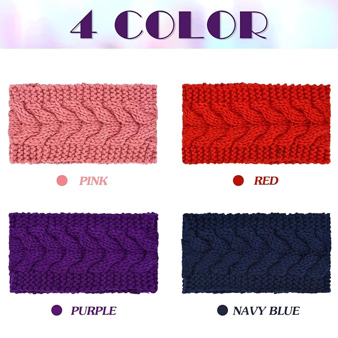 4 Pieces Winter Ear Warmers Headbands Women Warm Knitted Headband Braided Crochet Head Wraps(Pink, Red, Navy Blue, Purple)