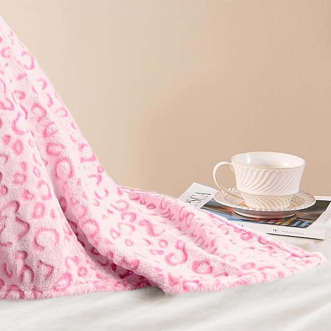 PLEASANT BOULEVARD | Leopard Throw Blanket Fleece, Premium Lightweight Cozy Warm Plush Microfiber Pink Blanket for Couch Sofa and Bed (Pink, Throw (50 x 60 inches))