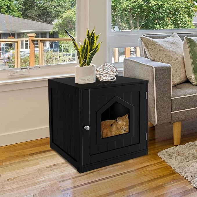 ZENY Hidden Cat Litter Box Furniture - Enclosed Cabinet With Vent Holes, Indoor Wooden Washroom, End Table, Nightstand (Black)