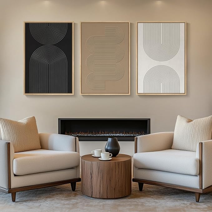 3D Textured Large Framed Boho Neutral Abstract Wall Art Set of 3, 20x30 In | Solid wood frames, raised sculptural lines, black white and beige palette, decorations for living room dining room bedroom