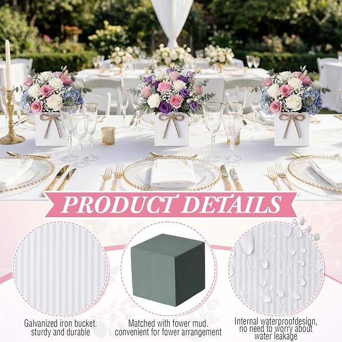 12 Pack Galvanized Square Vases with Floral Foam, 3.5 inch Waterproof Rustic Tin Buckets with Twine Bows, Mini Farmhouse Metal Planter Centerpieces for Wedding Party Table Decor(White)