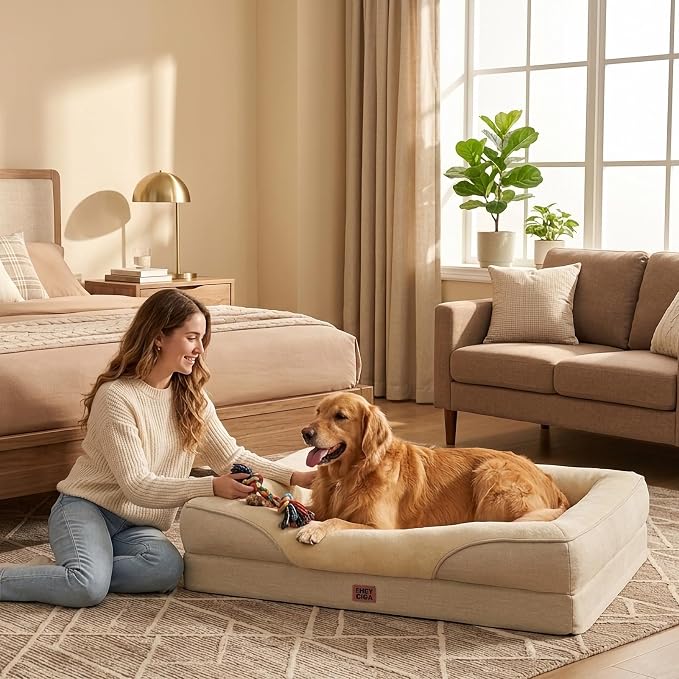 EHEYCIGA Orthopedic XL Dog Bed for Large Dog, Memory Foam Dog Couch, Beige | 42x30 Inch Extra Large Sized Dog Sofa with Sides, Waterproof Liner & Washable Removable Cover, Bolster Pet Couch