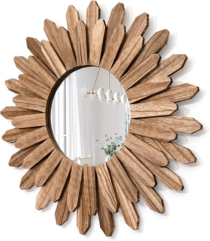 Mirror Wall Decor 21 inch Rustic Wood Boho Aesthetic Mirror for Room & Home Decor Farmhouse Wall Decor at Living Room Bedroom Carbonized Black