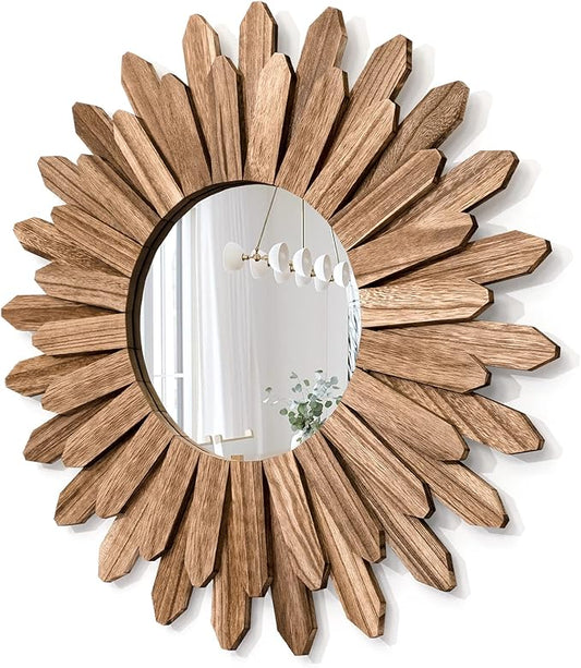 Mirror Wall Decor 21 inch Rustic Wood Boho Aesthetic Mirror for Room & Home Decor Farmhouse Wall Decor at Living Room Bedroom Carbonized Black