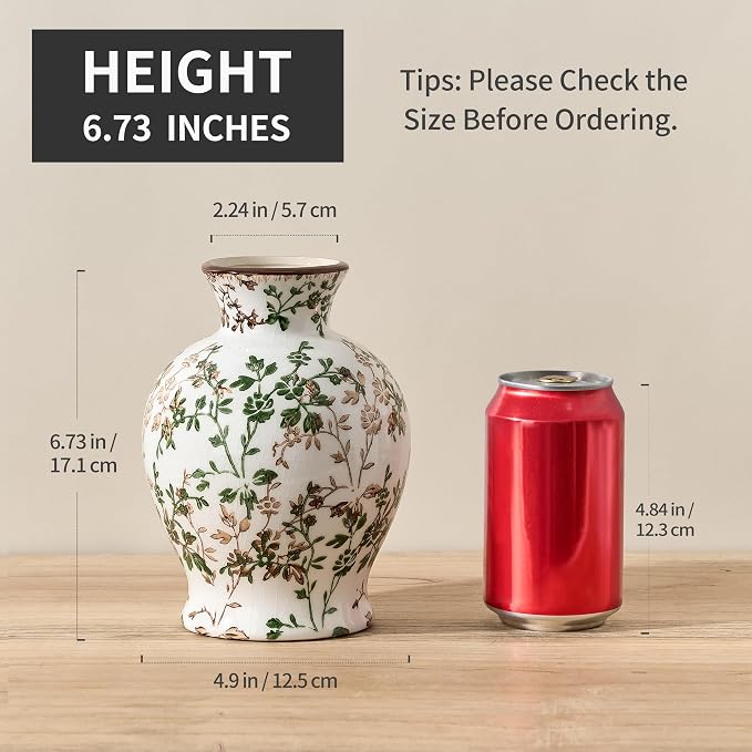 6.73" Ceramic Flower Decorative Antique Vase, Vintage Rustic Chinoiserie Floral Vase for Home Decor, Living Room, Bookshelf, Office, Entryway, Garden, Tuscan Decor, Chinoiserie Decor