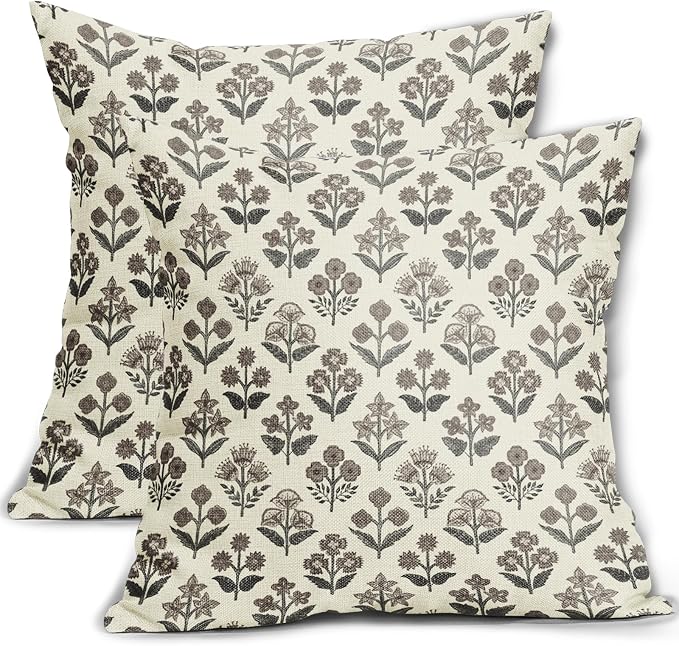 Black Dark Brown Floral Pillow Covers 20x20 Inch Set of 2, Vintage Flower Block Print Pattern Decorative Throw Pillowcases Outdoor Rustic Farmhouse Cushion Covers Antique Neutral Sofa Couch Bed Decor