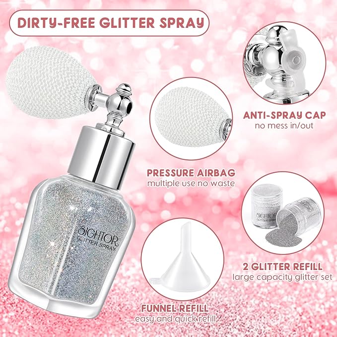 SIGHTOR Body Glitter Spray, 30ML Shiny Spray for Body Hair Face Clothing, Highlighter Powder Shimmer Sparkle Pearl Powder Makeup Nail Art Spray for Stage Makeup Party (Sliver)