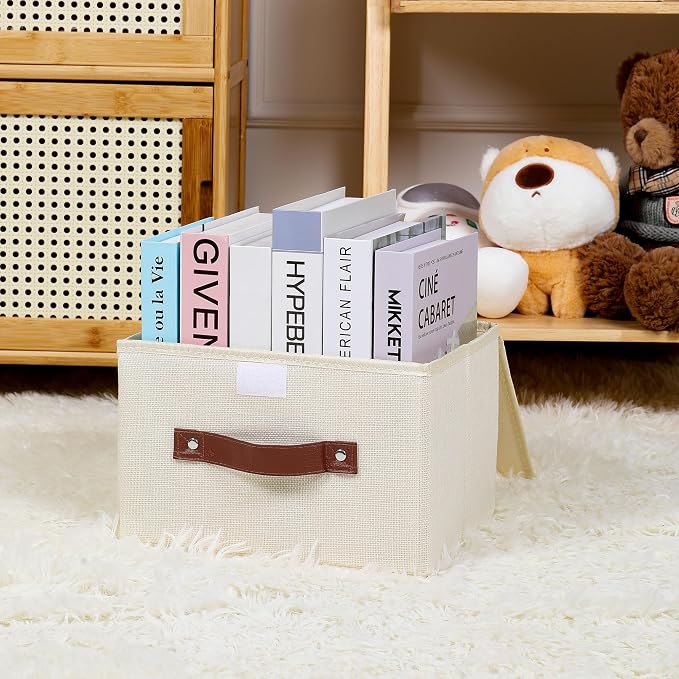 ANMINY Fabric Storage Box Bins with Lids, Beige, 10"x8"x7", 4 Pack | Keepsake Memory Storage, Cotton Linen, PP Board Reinforced, Washable, PU Handles, Foldable & Stackable, Decorative, Small