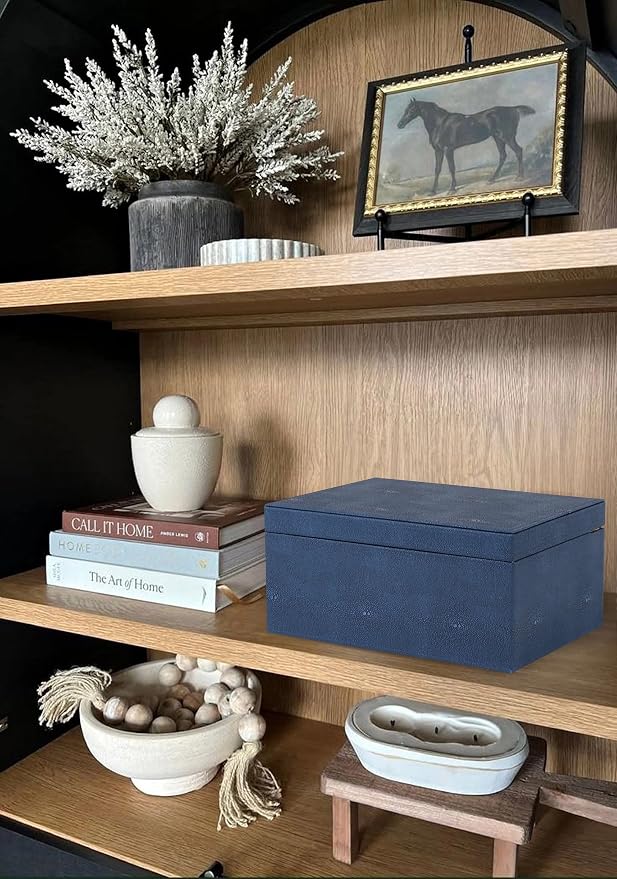 HofferRuffer Faux Leather Decorative Box, Large Wooden Structure Keepsake Box Accessory Organizer Jewelry Organizer with Hinged Lid, Storage Container for Home or Office (NavyBlue Shagreen)