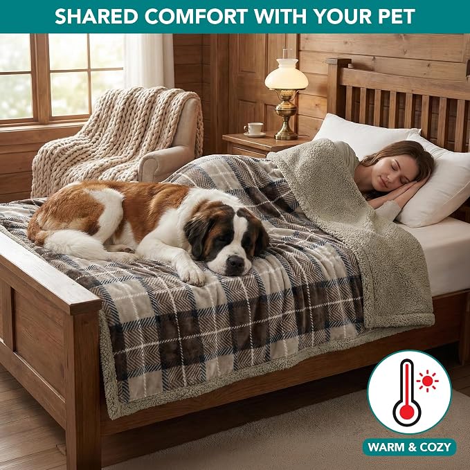 PetAmi Waterproof Dog Blanket for Medium Large Dog Pet, 60x40, Plaid Taupe | 460 GSM Sherpa Fleece Reversible, Pee Proof Cat Throw, Furniture Protector Cover for Couch Bed Sofa Kennel, Washable, Large
