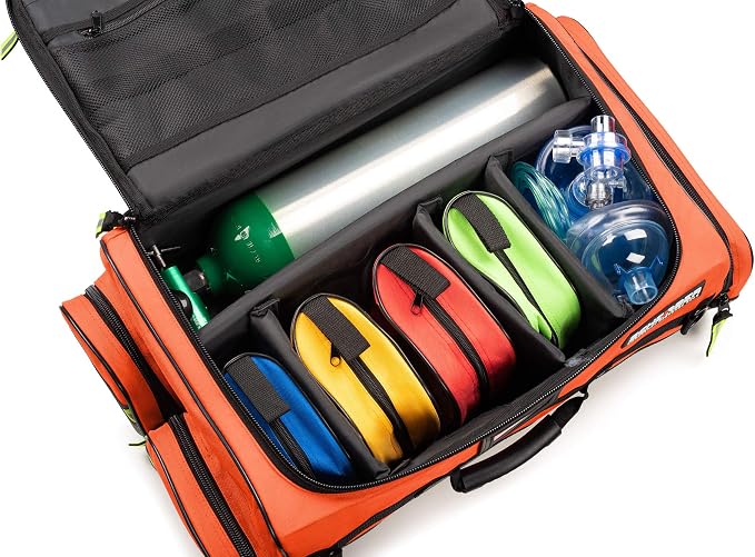 Scherber Fully Stocked First Responder Ultimate Professional EMT/EMS Trauma Kit | HSA/FSA Approved | w/10+ Compartments, Zippered Pockets, Dividers, Oxygen Access & 260+ First Aid Supplies (Orange)