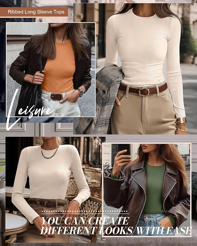 Ficerd 3 Pack Women's Ribbed Long Sleeve Tops, Crew Neck Slim Fit Undershirts Knit Basic Casual Stretch Layering Tee Shirts