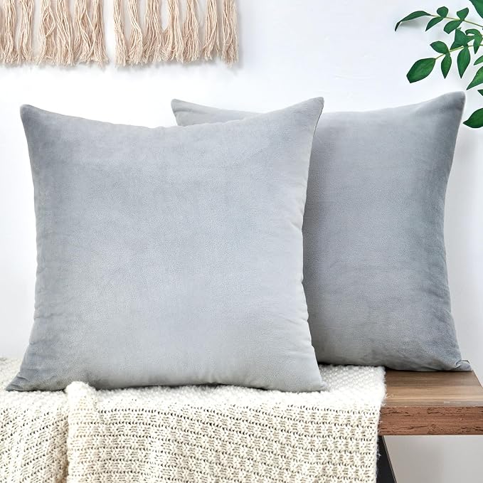Throw Pillow Covers Grey Decorative Velvet Set of 2 20x20 Inch Pillow Covers, Soft Neutral Gray Pillowcases for Couch Sofa Bed Living Room, Farmhouse Boho Decor, Square Accent Cushion Covers