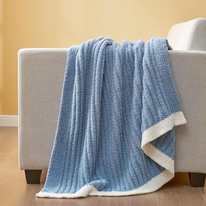 Snuggle Sac Ribbed Blue Throw Blanket for Couch, Microfiber Knit Stripe Throws, Soft Fuzzy Blankets for Couch, Sofa, Travel, Blue, 50x60 inches