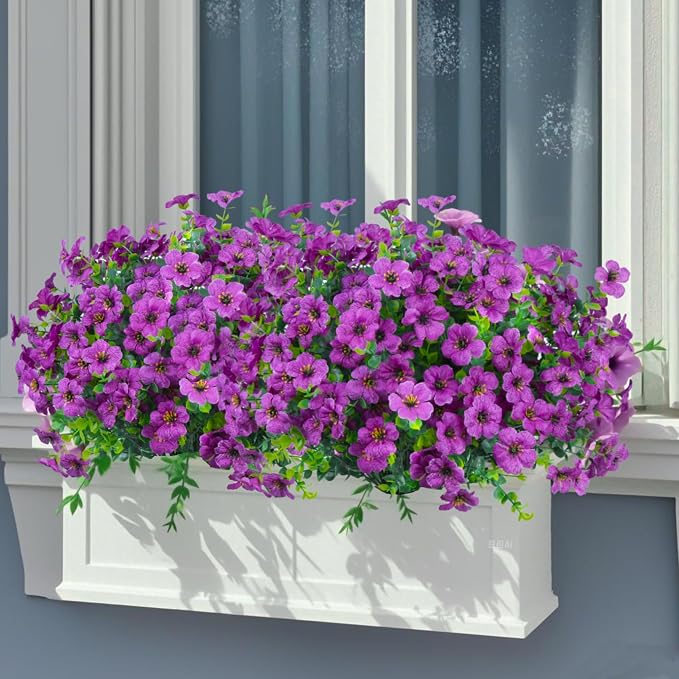 24 Pcs Artificial Flowers for Outdoors Decorations, Purple | Lifelike silk flowers, UV resistant, faux plastic plants, for garden porch window table vase home indoor outdoor decor