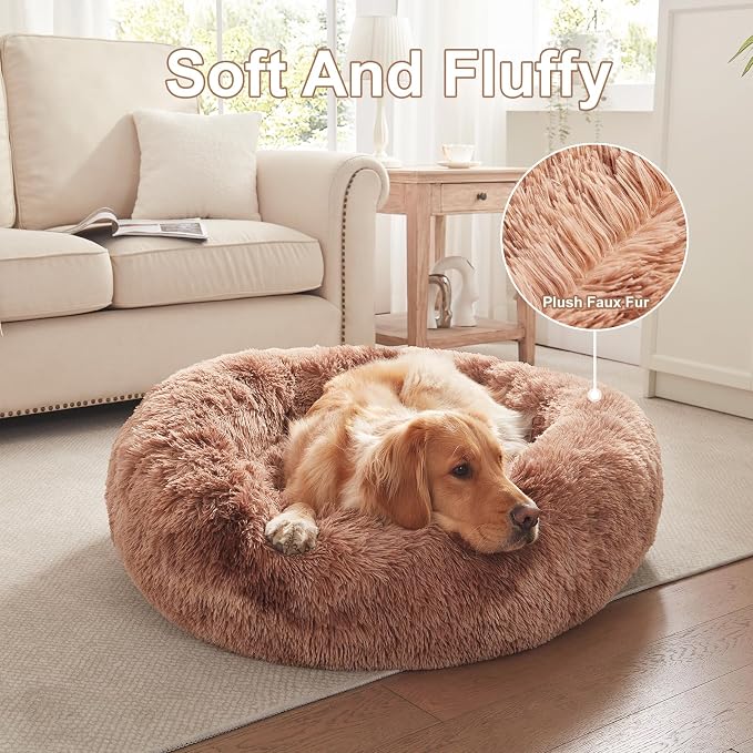 36 in Faux Fur Fluffy Donut Dog Bed for Large Dogs,Tie-dye Brown | Calming Plush Round Pet Bed with Removable & Washable Cover,Fits up to 80 lbs Pets