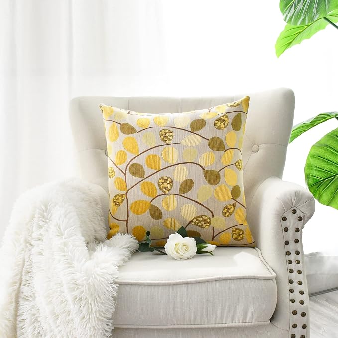 CaliTime Decorative Throw Pillow Covers 20 X 20 Inches Ecru Gold | Luxury Chenille Cute Leaves Cushion Case Shell for Couch Sofa Bed Living Room Home