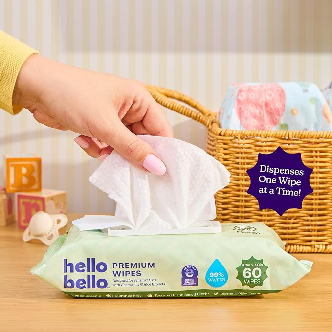 Hello Bello Premium Wipes, Designed for Sensitive Skin with Chamomile & Aloe Extracts, Simply Sage (18 Resealable Packets = 1080 Total Wipes)