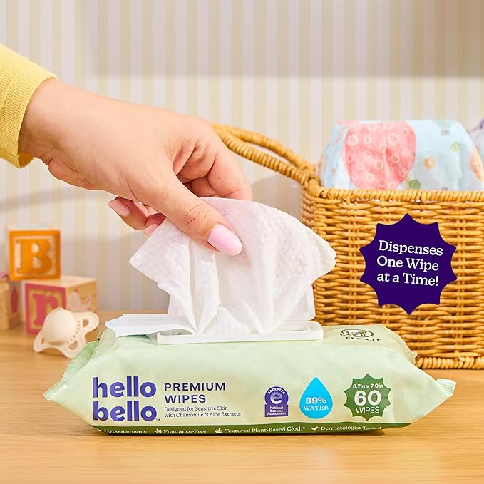 Hello Bello Premium Wipes, Designed for Sensitive Skin with Chamomile & Aloe Extracts, Simply Sage (12 Resealable Packets = 720 Total Wipes)