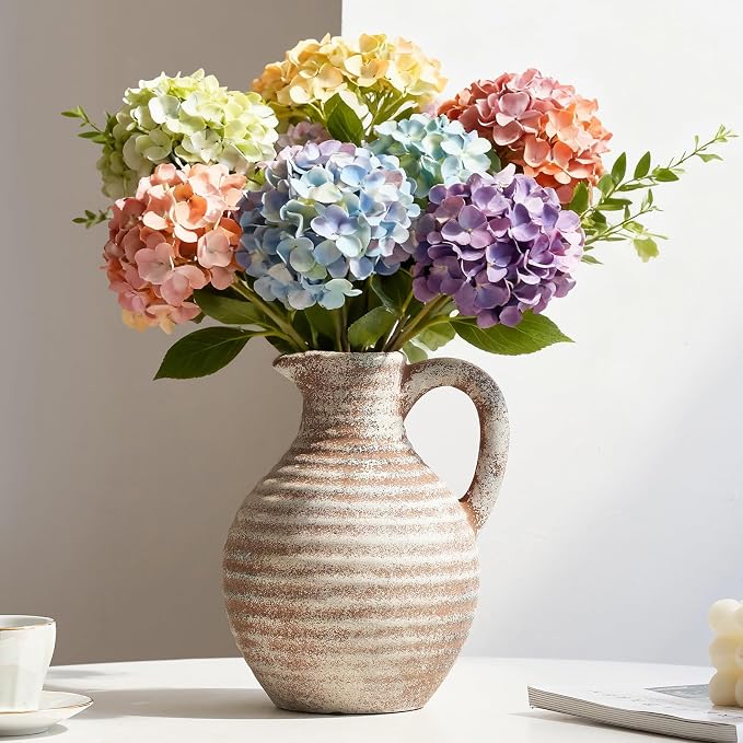 Ceramic Flower Vase Rustic Terracotta Vase with Handles,8 Inch | Neutral Clay Pitcher Antique Vase,Vintage Farmhouse Vases for Home Decor,Living Room,Table