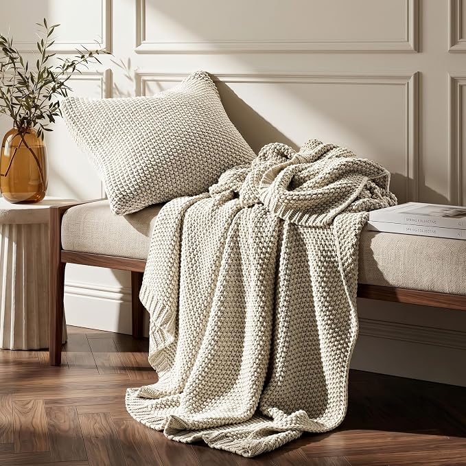 Organic Cotton Chunky Knit Throw Blanket, 60 x 80 Birch | OCS Certified Organic Cotton, Seed Stitch Knit, Soft & Breathable, Cozy Midweight, Decorative Throw for Couch, Bed & Sofa