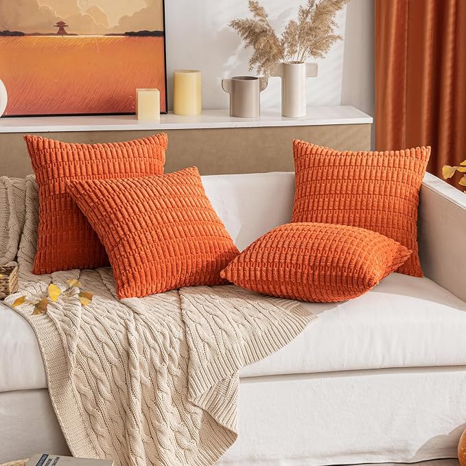 MIULEE Fall Corduroy Decorative Throw Pillow Covers 16x16 Orange Pack of 2 | Soft Boho Striped Pillow Covers Modern Farmhouse Autumn Home Decor For Sofa Living Room Couch Bed