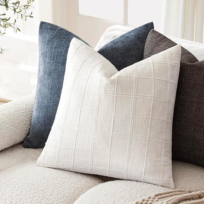 Foindtower Set of 2 Decorative Linen Check Throw Pillow Covers Neutral Farmhouse Vintage Cushion Covers Modern Boho Home Decor for Sofa Chair Couch Bedroom Living Room,16×16 Inch,Cream White