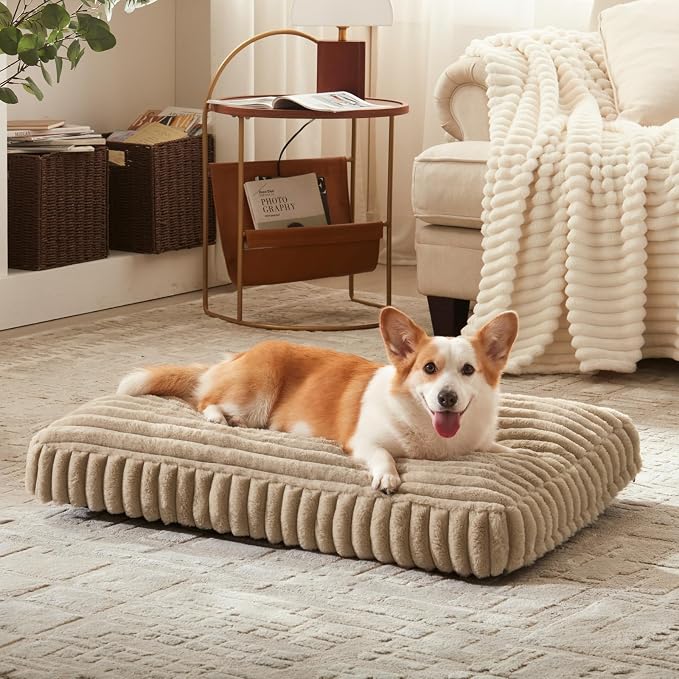 Dog Bed Medium Size Dog, Flat Pet Beds with Removable Washable Cover, Pet Mat Cute Crate Bed Thick Shredded Chopped Crate Foam & Anti Slip Bottom for Indoor, Beige