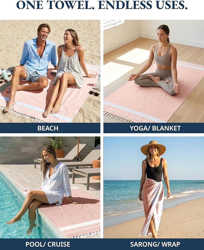 LANE LINEN Large Pool Towels, XL Beach Towel 2 Pack, Pre-Washed, No Shrink, Quick Dry Oversized Beach Towels, Stylish Beach Towel for Women, Sand Free Towel, 39"x71" - Quartz Pink