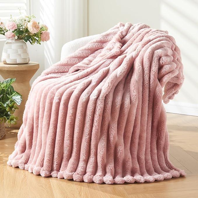 NEWCOSPLAY Fleece Ribbed Cozy Twin Blanket for Couch, Pink, 60"x80" | Premium Silky Flannel Blanket, Soft Lightweight Fluffy Throw Blanket for Bed Sofa Decor, Gift for All Season Use