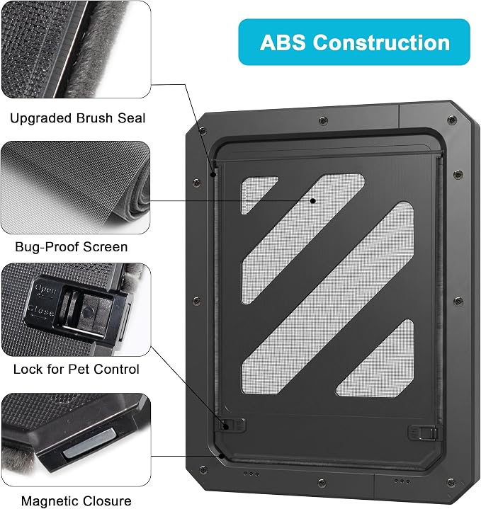 Dog Door for Screen Door, Enhanced Quiet Flap & Sealing Brush, 10.2”x14.3” Opening, Lockable Doggy Screen Door, Magnetic Self-Closing Pet Door-Medium to Large Dogs up to 60 lbs (Black)