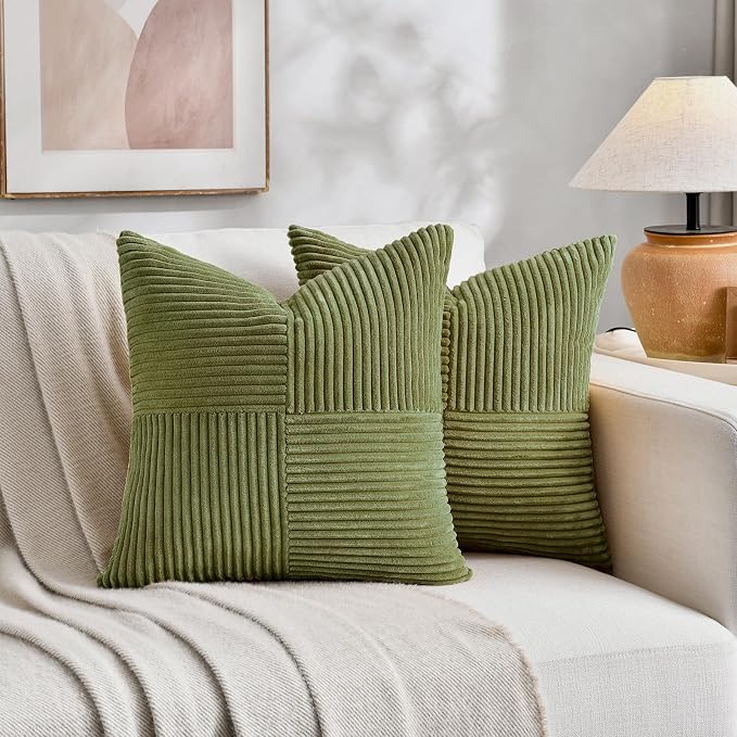 Fancy Homi Moss Green Decorative Throw Pillow Covers 22x22 Inch for Living Room Couch Bed Sofa, Farmhouse Boho Home Decor, Soft Corss Corduroy Patchwork Accent Square Cushion Case 55x55 cm
