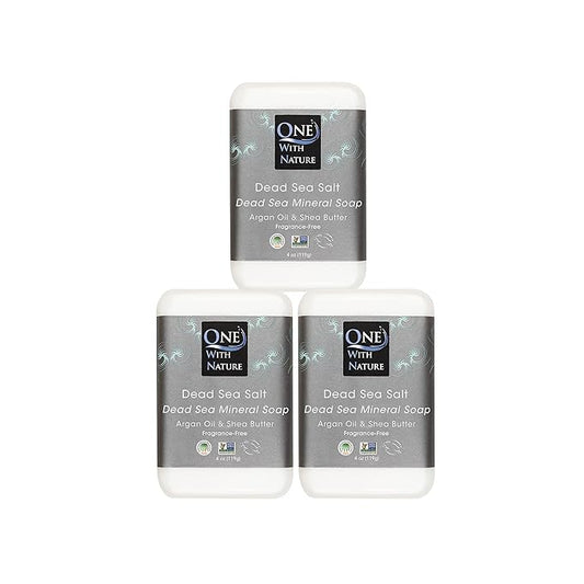 One With Nature Dead Sea Salt Soap 4oz 3-Pack – Purifying Soap Bar with Dead Sea Minerals for Face & Body, for Men & Women. Unscented.