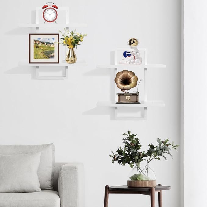 Floating Shelves for Wall,Decorative Wall Shelves Black,Plants Shelf Framed | Square Wall Decor,Art Sconces Artificial Vases Hanging Storage Shelf for Bathroom Living Room Modern,Wood,2 Tier,2 PCS,White