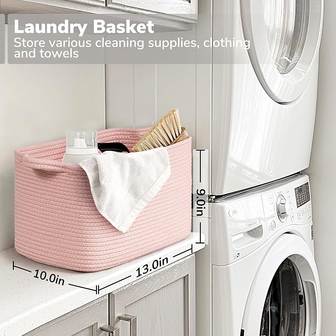 Goodpick Woven Storage Basket for Shelves, 13" x 10" x 9", Pink | Stylish Gift Basket for Home Decor, Cotton Rope Baskets for Toys & Baby Essentials Storage, Nursery Closet Organization