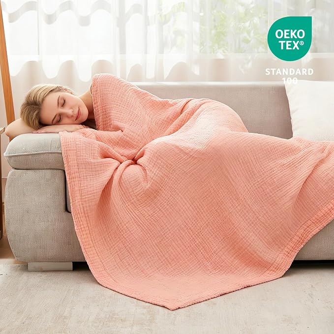 EMME Muslin Blankets for Adults Throw Blanket for Couch Breathable Gauze Soft Lightweight Airy Pink Queen 90" x 90"