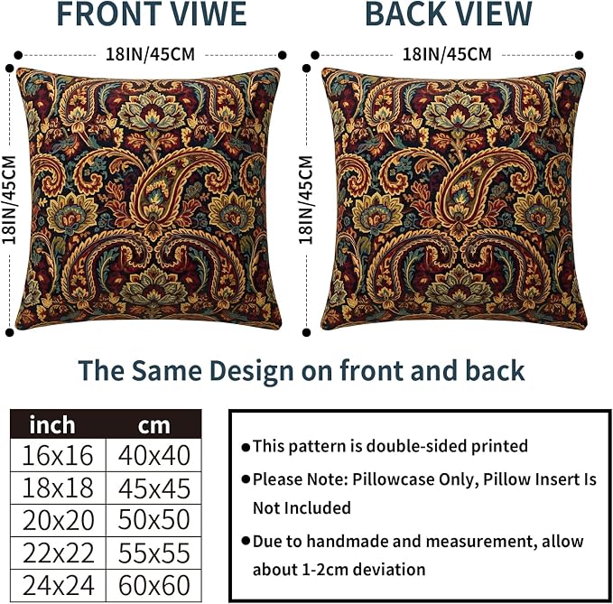 Vintage Paisley Flowers Pillow Covers 24X24 Inch Set of 2 Rustic Burnt Orange Abstract Boho Floral Decorative Square Pillow Cases Bohemian Art Cushion Case Farmhouse Home Decor for Sofa Couch