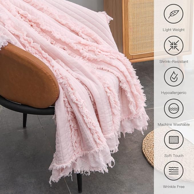 Ultra Soft Pre-Washed Quilted Boho Pink Twin Size Blankets for Bed, Ruffle Fringed Decorative Throw, Stone Washed Chic Rustic Blanket for Sofa Couch Bed, 60"*80"